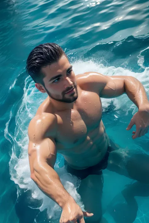 High angle shot photo, High angle view from above, Ultra detailed photo of  face of handsome man, rise from water, water up to his shoulder, the pool,  looking to the camera, splashing water and water drops, high angle view, high angle shot, splashing wate...