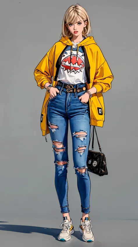 ((best quality,4k,highres,masterpiece:1.2)),((character concept art)), 1 female, age 17. Shes dressed in a streetwear ensemble by A Bathing Ape. (((Shes wearing the brands iconic Camo T-Shirt, paired with high-waisted, belted denim jeans. A Bathing Apes di...