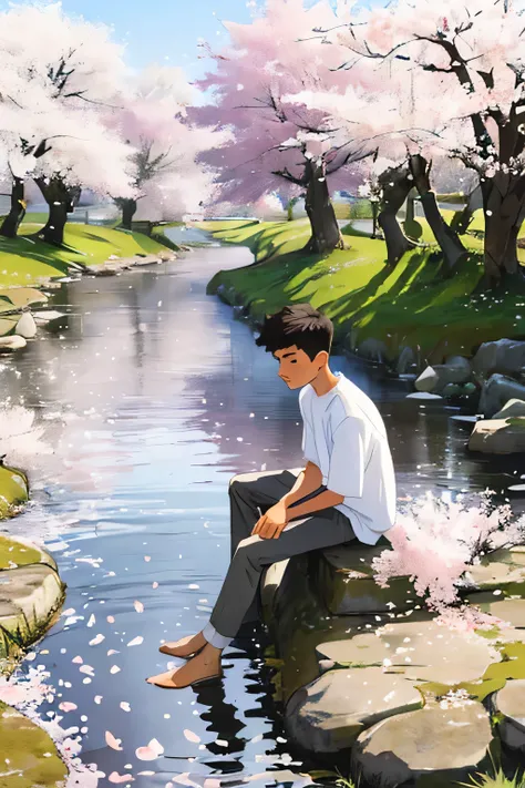 Photo of a 16-year-old male in a white shirt, perfect face, masterpiece, good,The boy took off his shoes next to a stepping stone by a rural stream with cherry blossoms in full bloom, dipped his feet in the water, and sat down waiting for her to come.. A l...