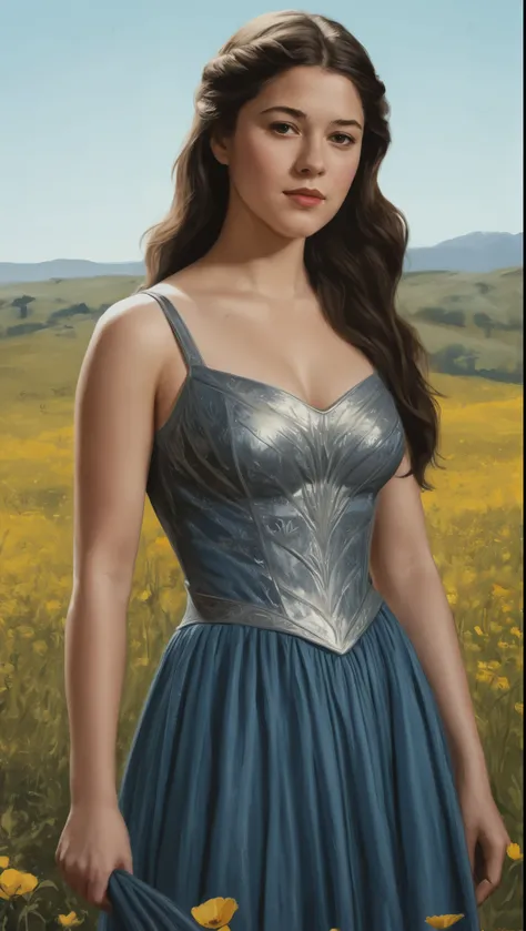 An illustrated movie poster, hand-drawn, full color, a Westerosi teen girl, wearing a long regal dress, resembles Mary Elizabeth Winstead, sun-tanned complexion, tall, athletic, hourglass figure, toned midriff, bottom-heavy, generous hips, massive bubble-b...