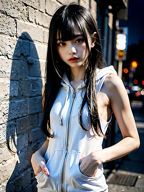 raw photo, 8k, (top-quality), Realistic, (real picture, Intricate details), (natural skin texture, detailed skin, hyper realism, sharpness), (Japanese teenage girl in a dirty back alley at night, hands in pocket, graffitied wall:1.3), ((wearing white hoodi...