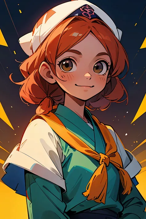 Personaje femenino de la saga de inazuma eleven, Conocida como Tracy Tracker o Tomoka Tonegawa en Japones, This character is between 14 years old, Ginger hair and wears a white scarf on her head covering her hair at the back., light brown eyes and smiling,...