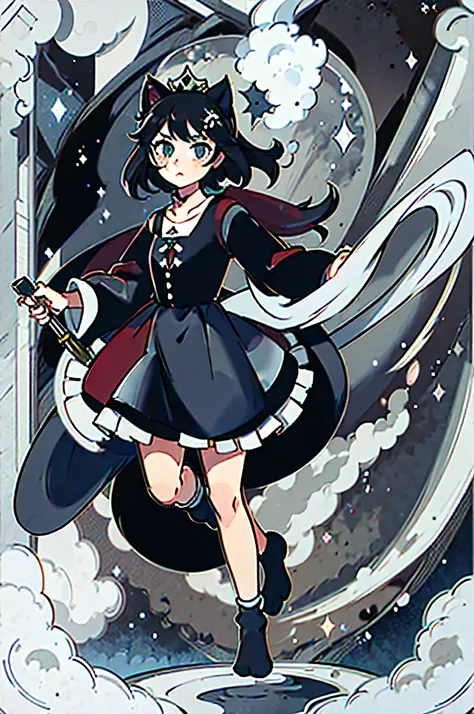 1 girl; long, wavy black hair; a singular navy blue cat eye; cat ears and a puffy cat tail; wearing a black and white Lolita style dress and a tiara in her bare feet (no shoes or socks); wielding a black scepter adorned with a human eye at the top of it; h...