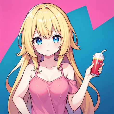 1girl, blonde hair, long hair, smooth hair, teen girl, 8k resolutions, blue eyes, masterpiece, wearing casual clothes, medium breast, holding soda, pink background, upper body