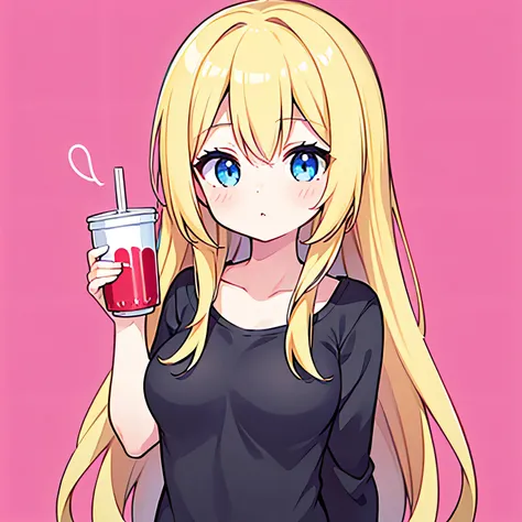 1girl, blonde hair, long hair, smooth hair, teen girl, 8k resolutions, blue eyes, masterpiece, wearing casual clothes, medium breast, holding soda, pink background, upper body