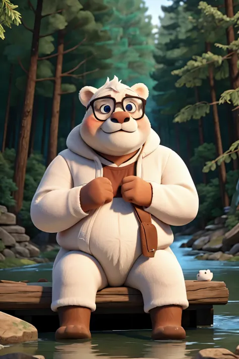 a big fat white bear with glasses, sitting by a river in a forest, has wisdom in his eyes