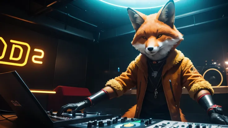 Photorealistic Production, Ultra-realistic image of an anthropomorphic fox DJ, Pelo vermelho brilhante cobrindo seu corpo, Slim Body Builds, bright amber eyes, Olhar divertido, (Cara de raposa sorridente, Mostrando seus dentes afiados), Wearing a modern an...