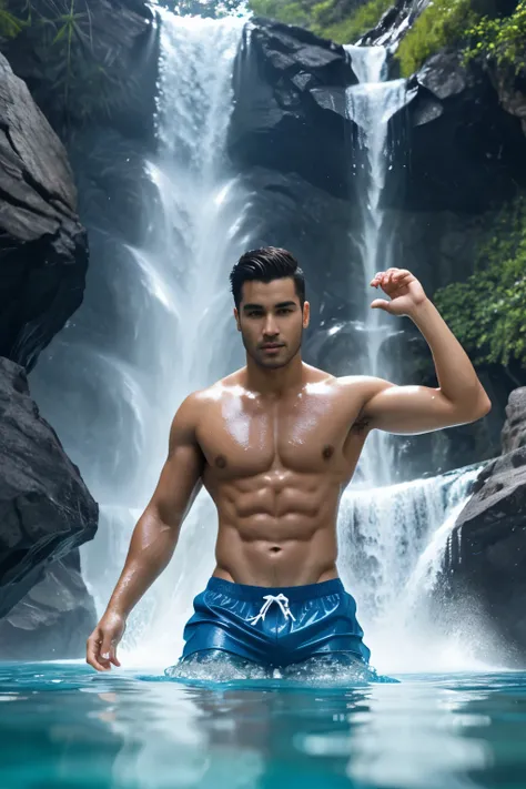 Handsome sexy Man bathing under water falling from a waterfall.. Crystal clear water. Hyper-detailed. High quality. 8k