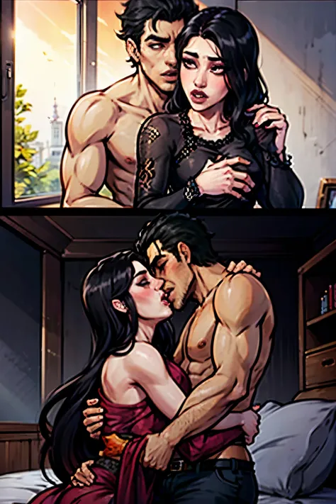 Shirtless boy kissing and making out passionately with a sexy woman with long straight black hair wearing sheer maroon kurta with black embroidery