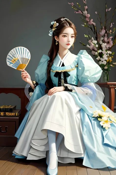 ((best quality)), ((masterpiece)), (detailed), perfect face, Korean beauty holding a fan in her hand, Giovanni Boldini(Giovanni Boldini), perfect hands, different actions, clothes:random color,