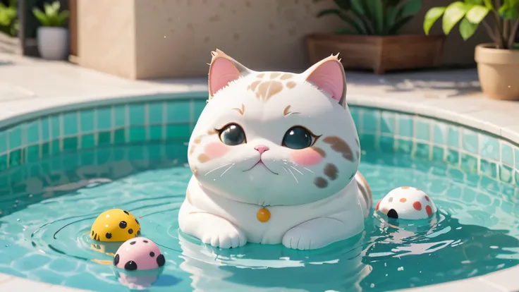 Swiming chubby cat, with boba pool, 3d, cute 