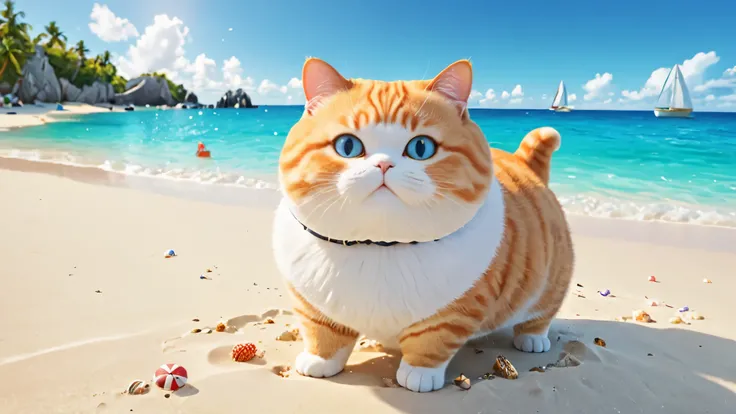 Chubby cat, swimming beautiful beach, master piece, high resolution 4k, 3d artwotk