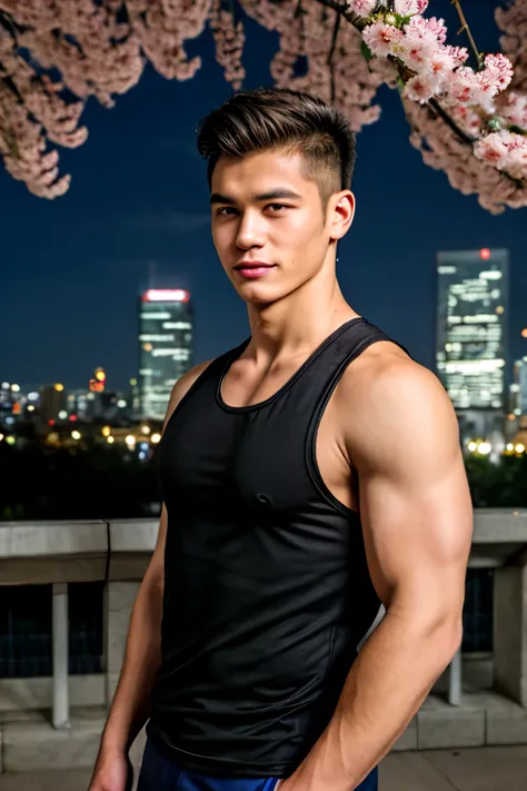 portrait of a 1 boy wearing a tight black tank top, front view, looking at camera, (smirk:0.65), (angry:0.3), cinematic shot on canon 5d ultra realistic, urban atmosphere, skyscrapers, night scene, sakura petals are flying over the background, short hair u...