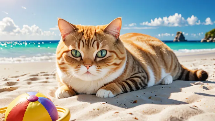 Chubby cat, lying around a beautiful beach, master piece, high resolution 4k, 3d artwotk