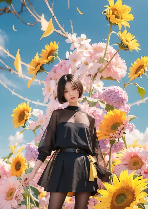 (Best quality, 8k, 32k, Masterpiece, UHD:1.2) "Generate a captivating artwork featuring a young Japanese girl model with short, sleek black hair styled in a chic bob haircut. Envision her bathed in dramatic cinematic lighting, creating an atmosphere of all...