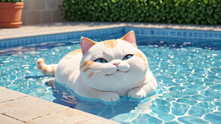 Chubby cat, lie down a pool, smile and cute, master piece, high resolution 4k, 3d artwotk