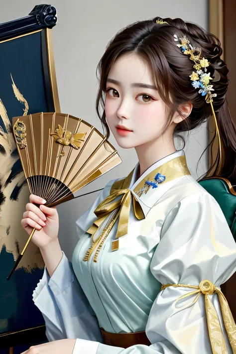 ((best quality)), ((masterpiece)), (detailed), perfect face, Korean beauty holding a fan in her hand, Giovanni Boldini(Giovanni Boldini), perfect hands, different actions, clothes:random color,