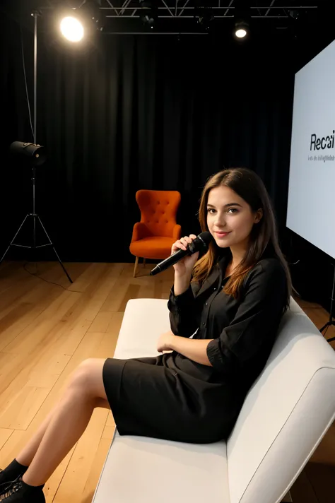 Imagine une jeune fille noire, rayonnante de confiance, sitting comfortably in a YouTube studio lit in a cozy and welcoming way. Autour delle, des caméras de haute technologie et des microphones prêts à capturer chaque nuance de sa voix. SHE&#39;S THERE, n...