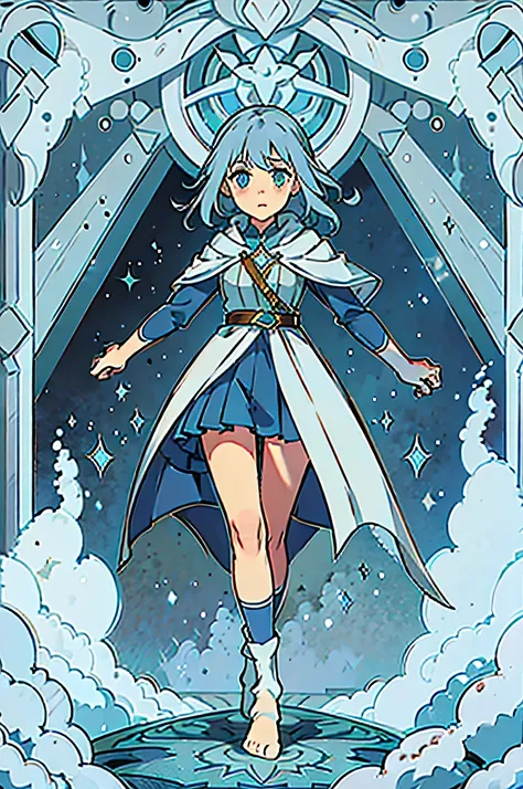 1 girl; long, wavy blue hair; blue eyes; wearing a blue cloak, in her bare feet (no shoes or socks); wielding a silver greatsword; high res; masterpiece; looking at viewer.