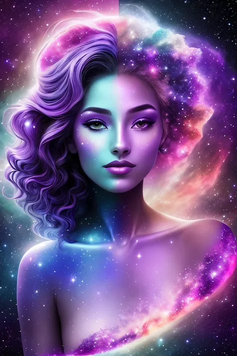 Title: "Galaxy Feline - A Cosmic Transformation"

The image showcases an extraordinary split design, seamlessly blending the essence of a woman and a cat to create a captivating and cohesive figure. On the left, a woman with wavy curls, radiant human skin,...