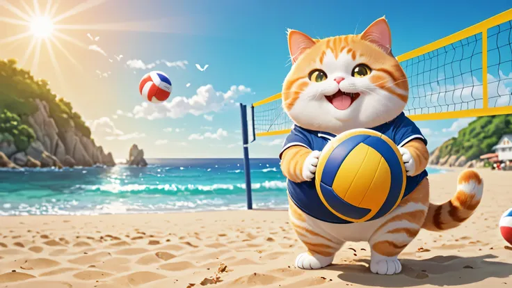 chubby cat, playing volleyball, coast, smile and cute, master piece, high resolution 4k, 3d artwotk