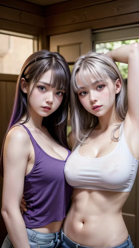 （lifelike， high - resolution：1.3）， 2 girls in one frame， Super fine face and eyes，1 girl with  smaller boob shor hair with purple colour, and 1 girl with  big boob and long silver colour hair,  Tank top of random colors, hot pants