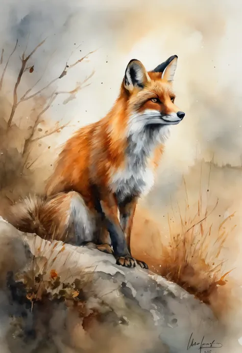 Fuchs + in grellen Farben , Hintergrund Bergkette , realistische Darstellung, niedlich, flauschig