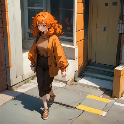 1female , Orange Hair , Curly Hair , Brown sweater , Casual Clothing , Walking on sidewalk