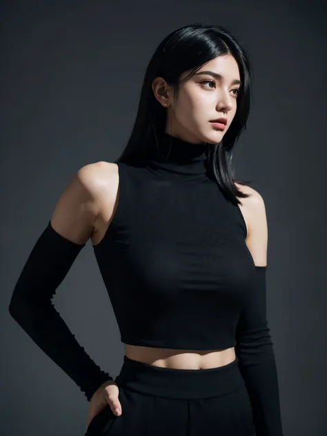 A stunning intricate full color portrait of (sks woman:1), wearing a black sleeveless turtleneck with cropped in the belly part, cropped turtleneck, pants, cool girl, dark plain background, epic character composition, by ilya kuvshinov, alessio albi, nina ...