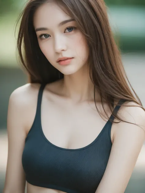 ((highest quality, 8K, masterpiece: 1.3)), clear focus: 1.2, 1 girl, perfect figure: 1.4, slim abs: 1.1, ((dark brown hair)), gray tank top, (outdoor, noon: 1.1), Blurred background of a private beach, super fine face, fine eyes, double eyelid