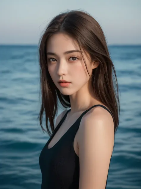 ((highest quality, 8K, masterpiece: 1.3)), clear focus: 1.2, 1 girl, perfect figure: 1.4, slim abs: 1.1, ((dark brown hair)), black tank top, (outdoor, noon: 1.1), Blurry seawater background, super fine face, fine eyes, double eyelid