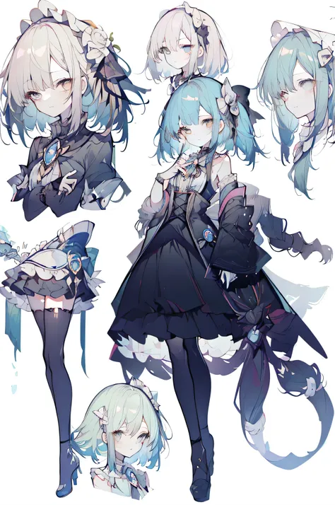 Three views of roles,Character Design,Character Design,Three Views,full body esbian,frontage,side,behind,sett,lolita prostitute,so gorgeouaximalism,extreme details,Rococo style,super long hair,intricate accessories,Complex hairstyles,gem,blue hair,