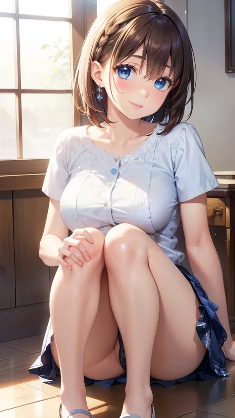 1girl, natural lighting, masterpiece, highly detailed, illustration, game CG, absurdres, high quality, aichan, large breasts, blue eyes, beautiful detailed eyes, short brown hair, side braid, glossy lips, light smile, indoors, natural lighting, sitting, (k...