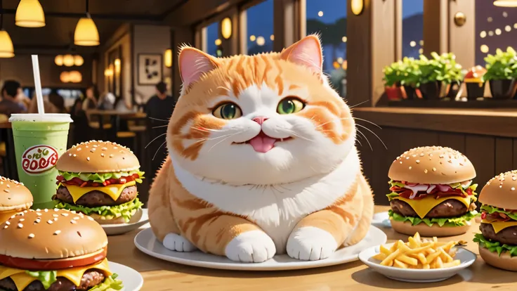 chubby cat, eating lots of burgers, drink lots of boba, coast, smile and cute, master piece, high resolution 4k, 3d artwotk