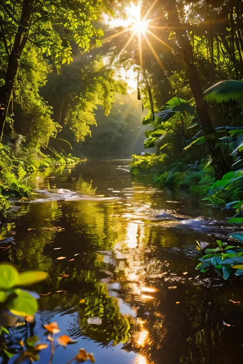 beautiful hyper-realistic and super-detailed masterpiece that shows a mysterious river in the amazon forest, with the sunset sun...