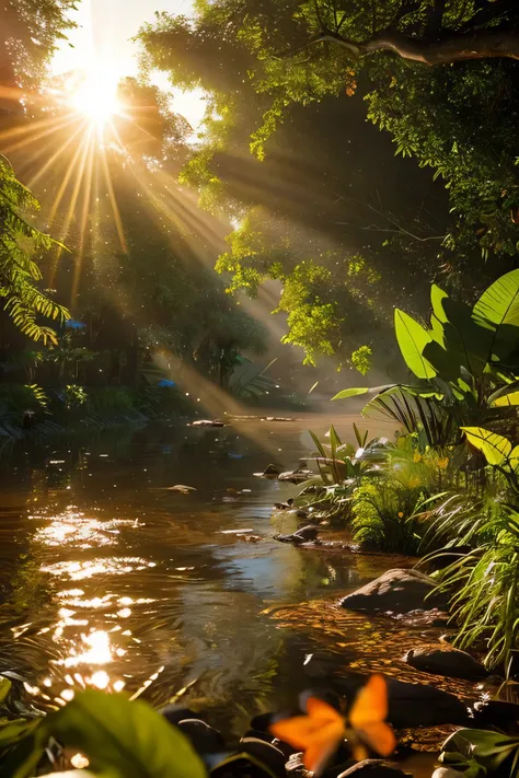 beautiful hyper-realistic and super-detailed masterpiece that shows a mysterious river in the amazon forest, with the sunset sun...