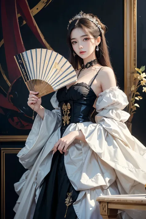 ((best quality)), ((masterpiece)), (detailed), perfect face, Korean beauty holding a fan in her hand, Giovanni Boldini(Giovanni Boldini), perfect hands, clothes:random color