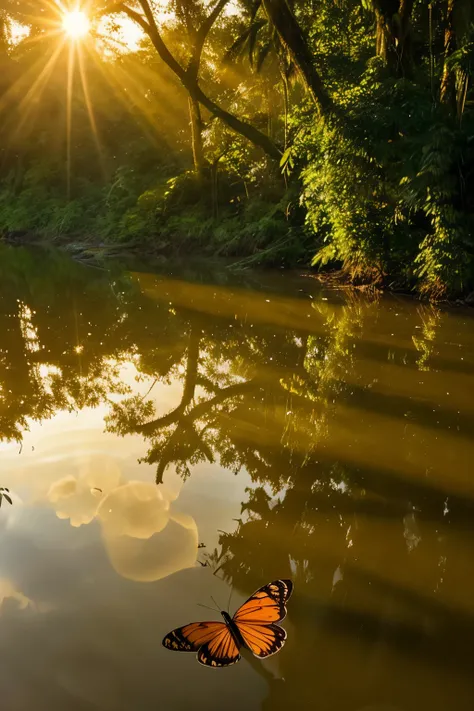 
Beautiful hyper-realistic and super-detailed masterpiece that shows a mysterious river in the amazon forest, with the sunset sunshine, somebutterflies flying