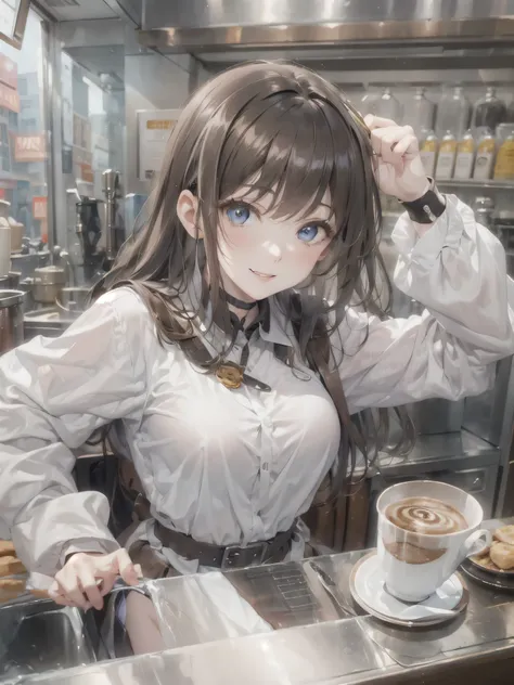 (photorealistic:1.8, highest quality:1.8,8K masterpiece:1.8,High resolution,muste piece:1.8,RAW Photos,cinematic lighting),No split screen、morning、Good Morning、The coffee shop of the future、
（A girl brewing delicious coffee:1.5)、choker、white shirt、uniform、...