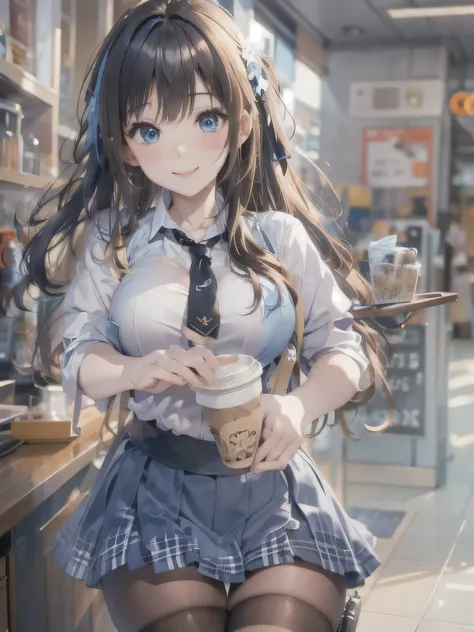 (photorealistic:1.8, highest quality:1.8,8K masterpiece:1.8,High resolution,muste piece:1.8,RAW Photos,cinematic lighting),No split screen、morning、Good Morning、The coffee shop of the future、
（A female sales clerk carrying coffee:1.5)、（choker、white shirt、un...