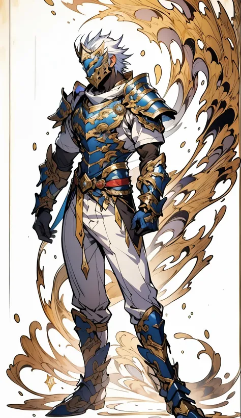 A man with short golden hair slicked back, his face entirely obscured by a Dynastinae concept mask, full mask, cold gaze, clad in an indigo blue fantasy-style Dynastinae concept chest plate, his arms and legs are clad in matching armor, he wears a white un...