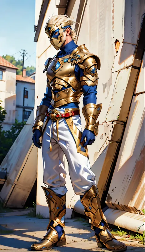 A man with short golden hair slicked back, his face entirely obscured by a Dynastinae concept mask, full mask, cold gaze, clad in an indigo blue fantasy-style Dynastinae concept chest plate, his arms and legs are clad in matching armor, he wears a white un...