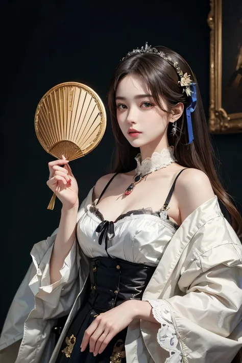 ((best quality)), ((masterpiece)), (detailed), perfect face, Korean beauty holding a fan in her hand, Giovanni Boldini(Giovanni Boldini), perfect hands, clothes:random color