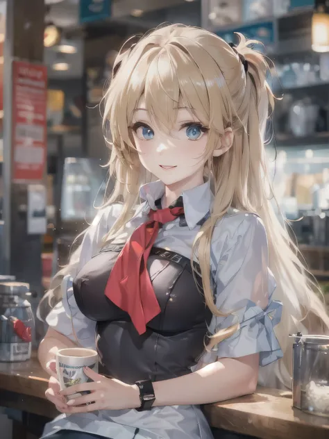 (photorealistic:1.8, highest quality:1.8,8K masterpiece:1.8,High resolution,muste piece:1.8,RAW Photos,cinematic lighting),No split screen、morning、Good Morning、The coffee shop of the future、
（A 23-year-old female clerk brewing coffee:1.5)、（choker、uniform、m...