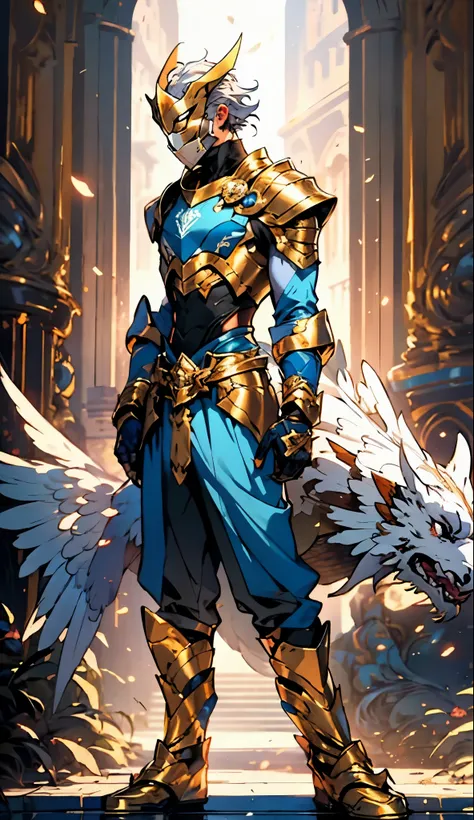 A man with short golden hair slicked back, his face entirely obscured by a Dynastinae concept mask, full mask, cold gaze, clad in an indigo blue fantasy-style Dynastinae concept chest plate, his arms and legs are clad in matching armor, he wears a white un...