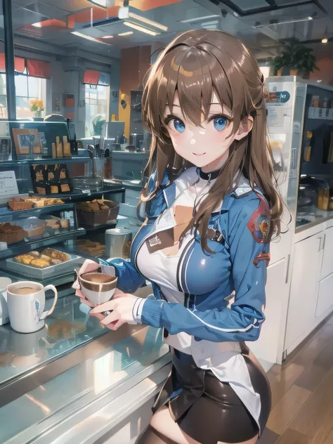 (photorealistic:1.8, highest quality:1.8,8K masterpiece:1.8,High resolution,muste piece:1.8,RAW Photos,cinematic lighting),No split screen、morning、Good Morning、The coffee shop of the future、
（A 23-year-old female clerk brewing coffee:1.5)、（choker、uniform、m...