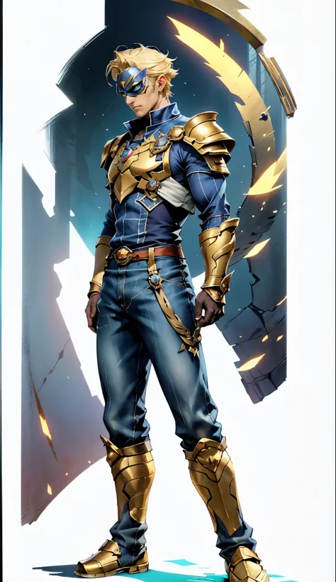 A man with short golden hair slicked back, his face entirely obscured by a Dynastinae concept mask, full mask, cold gaze, clad in an indigo blue fantasy-style Dynastinae concept chest plate, his arms and legs are clad in matching armor, he wears a white un...