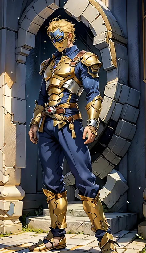 A man with short golden hair slicked back, his face entirely obscured by a Dynastinae concept mask, full mask, cold gaze, clad in an indigo blue fantasy-style Dynastinae concept chest plate, his arms and legs are clad in matching armor, he wears a white un...