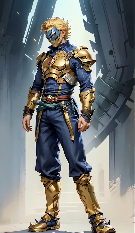 A man with short golden hair slicked back, his face entirely obscured by a Dynastinae concept mask, full mask, cold gaze, clad in an indigo blue fantasy-style Dynastinae concept chest plate, his arms and legs are clad in matching armor, he wears a white un...