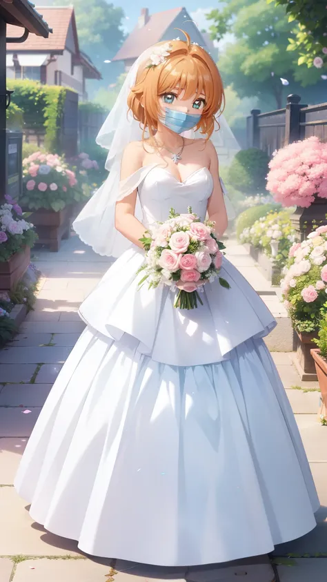 masterpiece, best quality, highres, 1girl, detailed face, blush, anime CG style, (medium breasts), (18 year old girl), good lighting, perfect body, sakura kinomoto, (tape gag), (tape bound), (arms bound), eyes wide, pupils dilated, garden, strapless weddin...